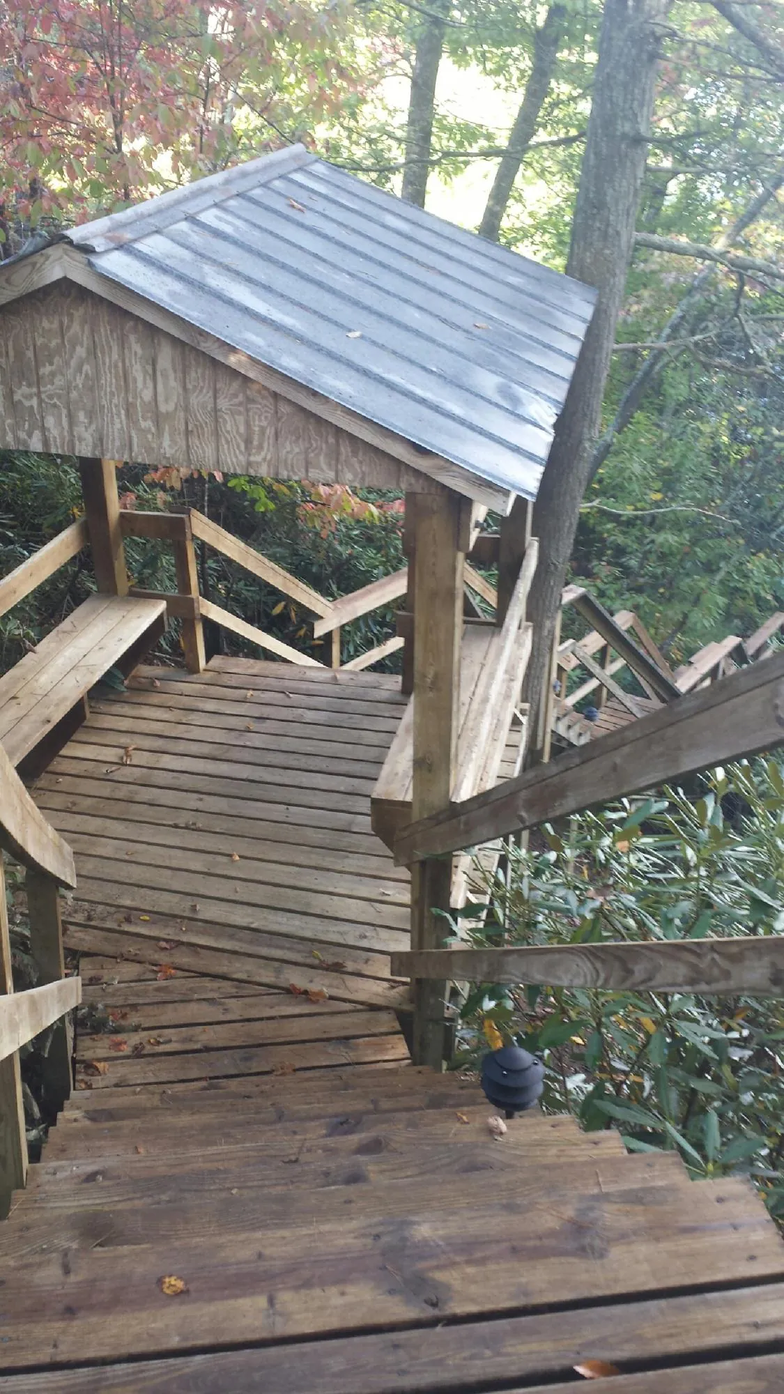 Metal roofed shelter over wooden steps on a wooded walkway — Skylight Repair & Installation work by our crew in Magna